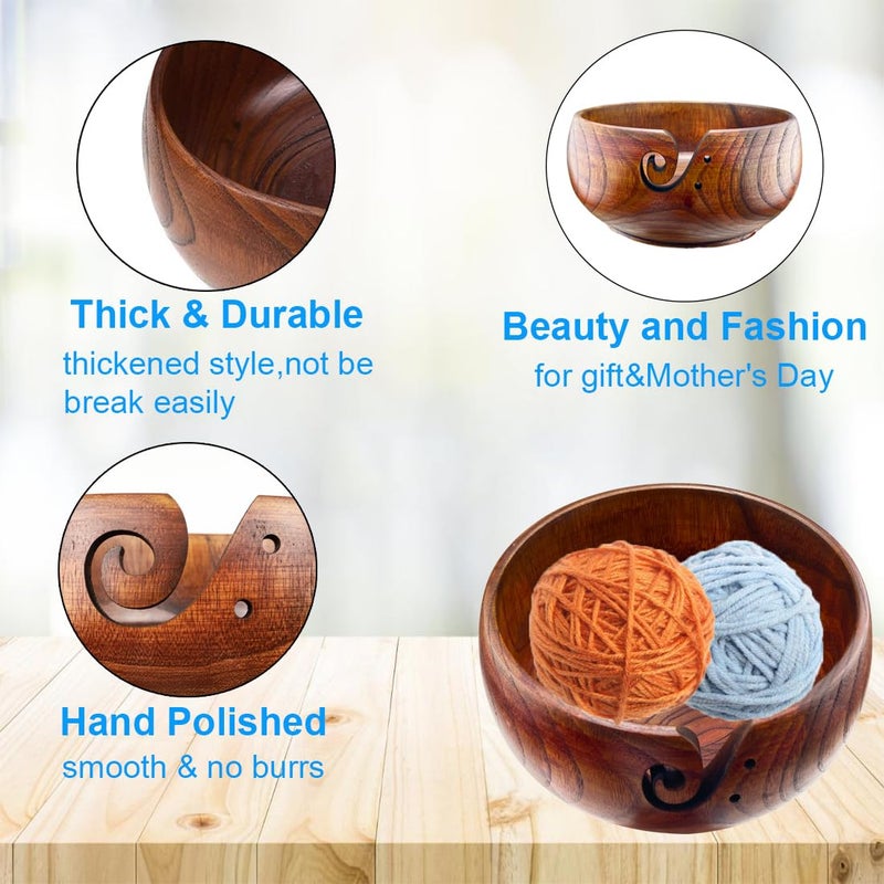 Weabetfu Wooden Yarn Bowl Knitting Yarn Bowls for Crocheting with Holes Knitting Bowl Storage,Perfect Handmade Craft Rosewood Crochet Bowl for Mother's Day and Christmas Gift 6.3''Ã—3'' - Image 2